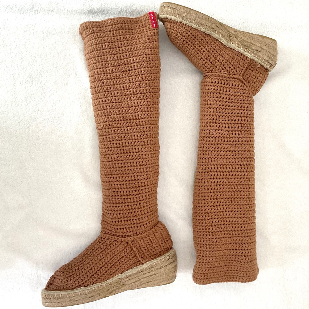 LIVS Crochet Knee High Espadrille Boots Tan Lace Up Boho Cottagecore Size 7 - Picture 2 of 15